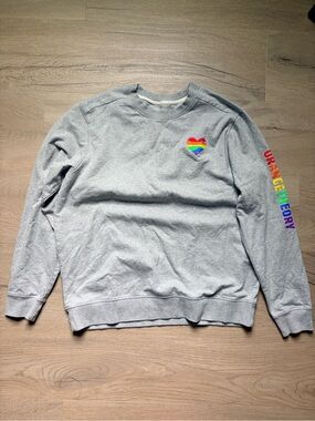 OrangeTheory Gray Crewneck Sweater with Pride Rainbow Heart and Sleeve Sz XL